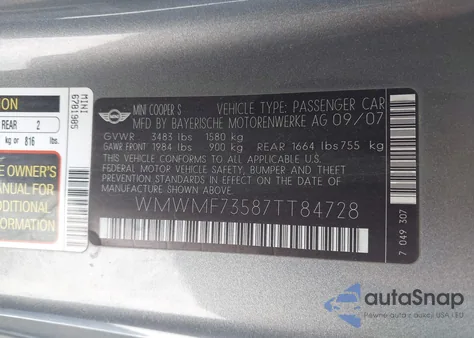 2007 Mini Cooper S from USA, damaged, VIN WMWMF73587TT84728